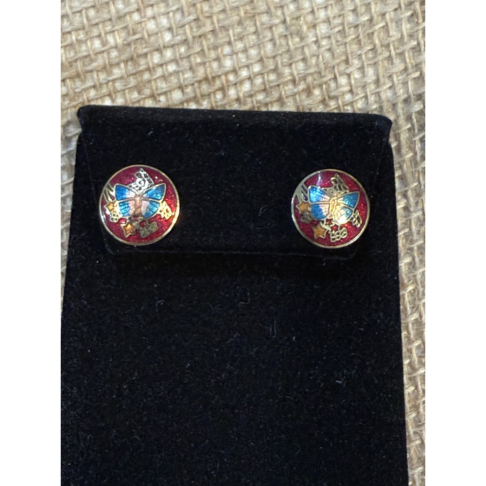 Vintage Enamel Butterfly Stud Earrings Red Blue Gold Tone Cloisonne Style Round